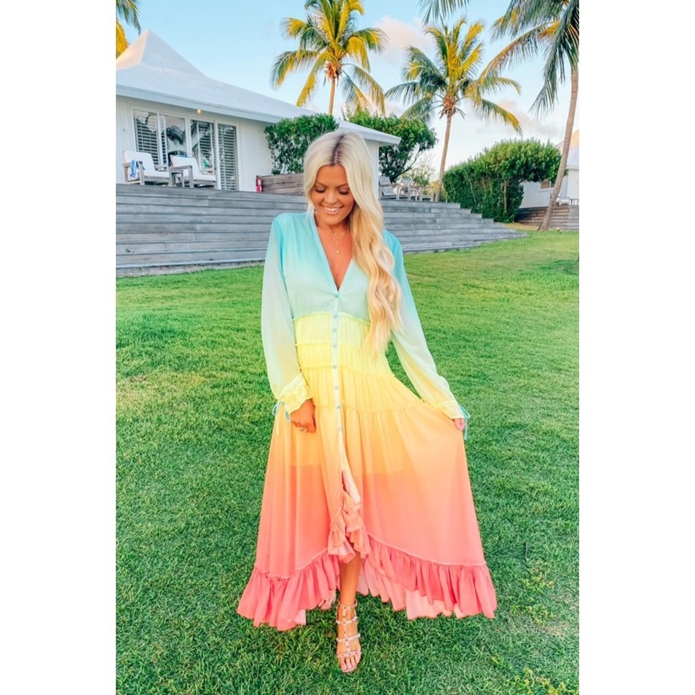 Linjia Shop Rainbow High Low Ombre Maxi Dress with Tassel Sleeves NWT